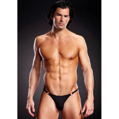 Lenjerie sexy barbati Chiloti Jock Strap Microfibra Cu Inele Metalice, Negru, S/m